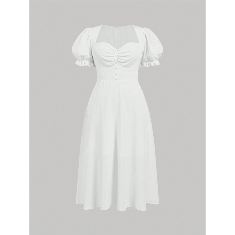 White Puff-Sleeve Midi Dress - Elegant Ruched Bodice